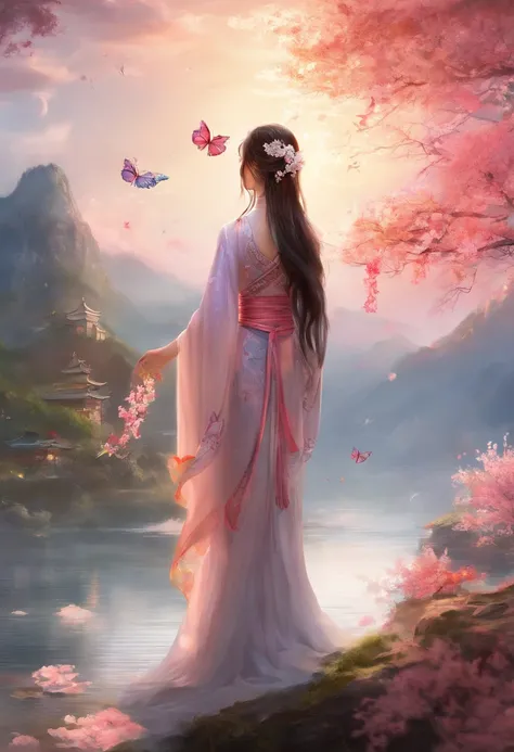 Best quality,(RAW photo:1.2),(Masterpiece:1.4),(Photorealistic:1.4),(A high resolution:1.4),
1girll, Long hair, Braid, Butterfly, Depth of field, From above,
hanami, Cherry blossoms, Lake, beautiful detailed  water, Black hair, Long eyelashes, 
 PureErosFa...