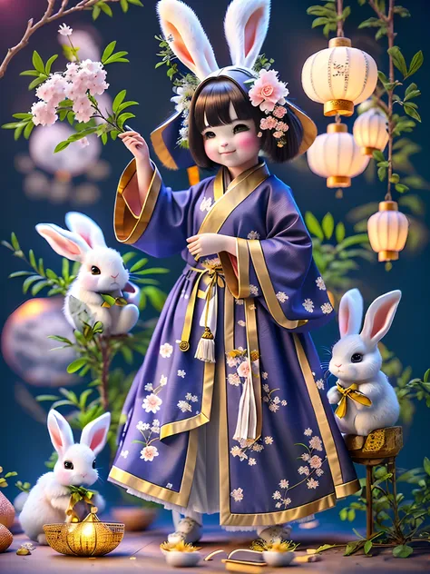 （personification：1.4），（full body shot of），（China - 1 cute rabbit，Hanfu，standing on two feet，moon full，Mid-Autumn Festival，sweet osmanthus，Oriental elements），（Chinese - chic illustration：1.5，Vector painting：1.5），（Chinese colors，senior color matching，gradien...