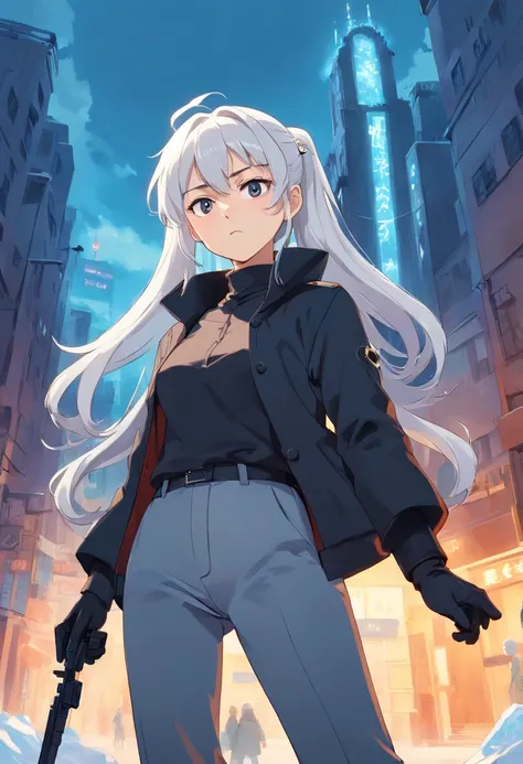 A young woman of 17 years with white hair with black details like ponytail black eyes a white apocalypse style blouse with black coat a long gray pants with tired and angry look with a scar on the face a relaxed posture holding a white pistol with light bl...