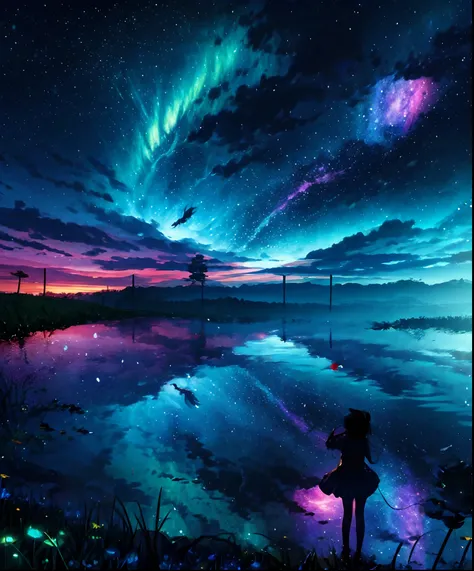 Cute girl characters、Describes a scene with grassy butterflies lying on the water flying around, Looking up at the starry sky. Surround her with colorful nebulae and her favorite constellations.