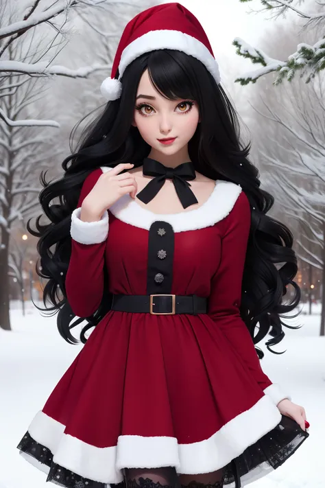 Christmas girl, black long hair Emo Pin up Girl, christmaa dress, Striking a pose, natural make up, skinny girl, innocent, in a snowy park heavenly