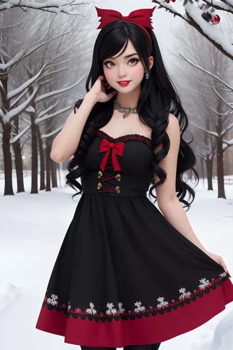 Christmas girl, black long hair Emo Pin up Girl, christmaa dress, Striking a pose, natural make up, skinny girl, innocent, in a snowy park heavenly