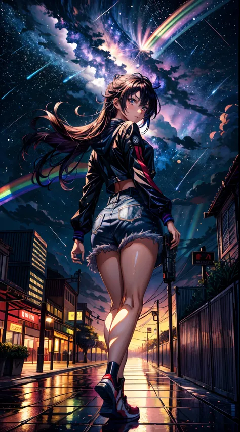 ((Rainbow Giant Shooting Star))、Anime girl looking at big city landscape,Near Future City、 makoto shinkai cyril rolando, anime art wallpaper 4k, anime art wallpaper 4k, Anime art wallpaper 8k, inspired by Cyril Rolando, in the style dan mumford artwork, am...