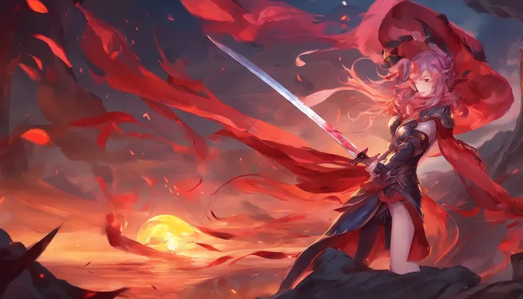 anime character with a sword surrounded by blood and flames, big tits  , dark red hair, best anime 4k konachan wallpaper, ufotable art style, zerochan art, official artwork, shalltear bloodfallen, from arknights, trending on artstation pixiv, fate grand or...