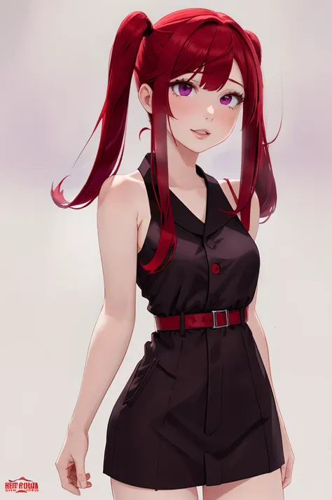 red、red hair、background white、photorealsitic, hight resolution, 1 rapariga, korea person, heterochromia eyes, a purple eye、blunt...