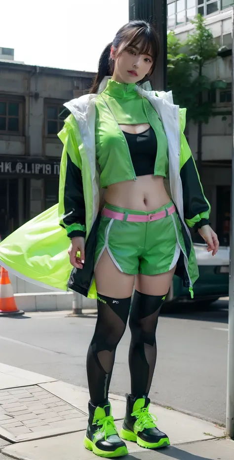 Fluorescent Gal、large full breasts、beautiful foot、、Fluorescent Green Jacket、Good Style、long boots、Shorts、shortpants