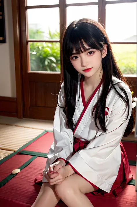 JK Maiden，Girl wearing white Japanese girls school uniform，8K，Extremely high image quality，Cinematic film texture，photorealestic，Eating Japanese food，Nikkei background，depth of fields，Tatami room，Warm lighting，Bow on chest，Qi bangs，Long hair that falls ove...