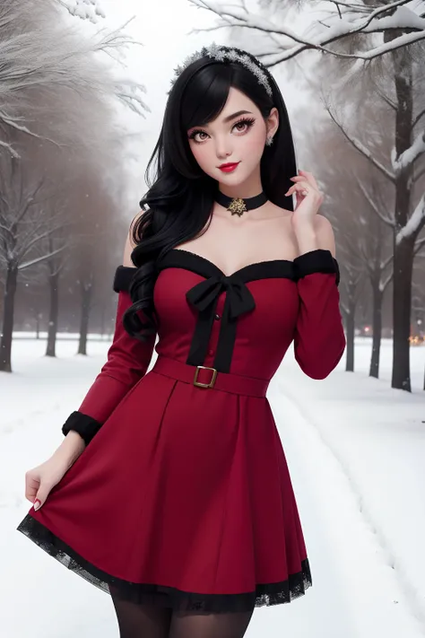 Christmas girl, black long hair Emo Pin up Girl, christmaa dress, Striking a pose, natural make up, skinny girl, innocent, in a snowy park heavenly