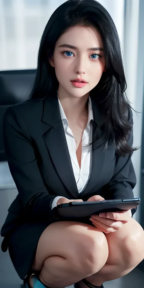 1girl, (Business suit),blue eyes,black hair,long hair,Holding a smartphone, squatting,in office, detailed face, detailed eyes, huge breasts, shiny skin, looking at the smartphone, (8k, RAW photo, best quality, masterpiece: 1.2), (realistic, realistic: 1.37...