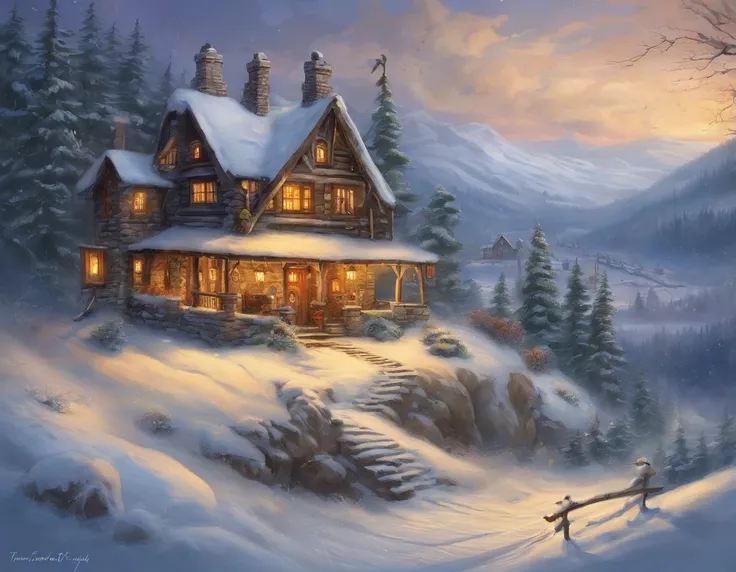 snow landscape，snow covered，Santa Claus sits on a sleigh pulled by an elk，Fly through the sky，yukito，Snow-covered house, It was snowing heavily in the sky，, hyper realisitc, snowy winter christmas night, santa, fantasia de cena de inverno,hyper realisitc，v...