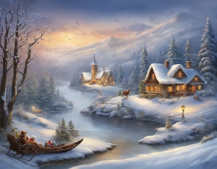 snow landscape，snow covered，Santa Claus sits on a sleigh pulled by an elk，Fly through the sky，yukito，Snow-covered house, It was snowing heavily in the sky，, hyper realisitc, snowy winter christmas night, santa, fantasia de cena de inverno,hyper realisitc，v...