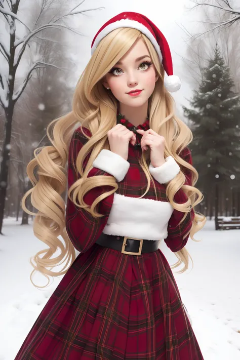 Christmas girl, blonde long hair Emo Pin up Girl, christmaa dress, Striking a pose, natural make up, skinny girl, innocent, in a snowy park heavenly