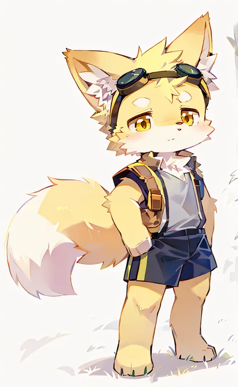 kemono, light golden yellow fur, dark yellow eyes, wolf ears, Khaki welding goggles, Khaki Sleeveless Vest, yellow scarf, full body, simple background, black shorts, lawn, grassland, step on grass, trample on grass, meadow, meadowland, grassland, cute, kid...