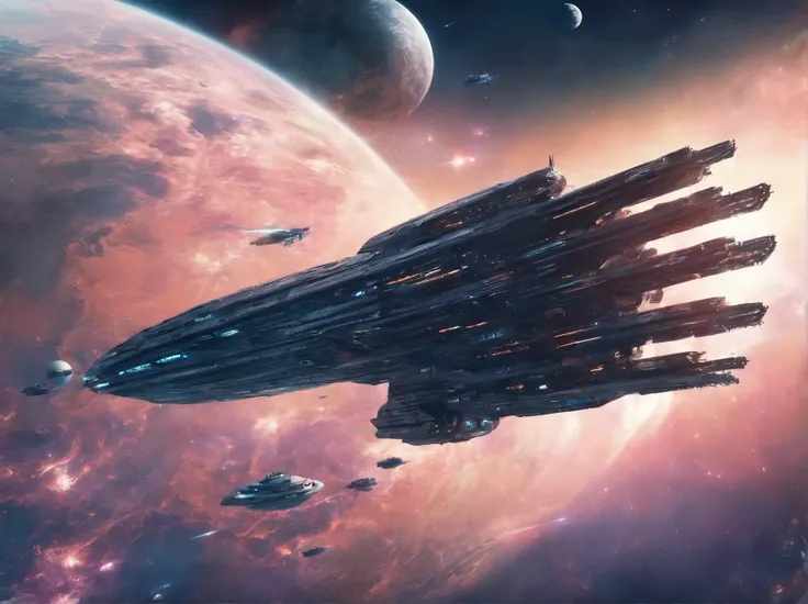 Giant space battleship，Floating in the depths of space，ultra very long shot，There is only one battleship