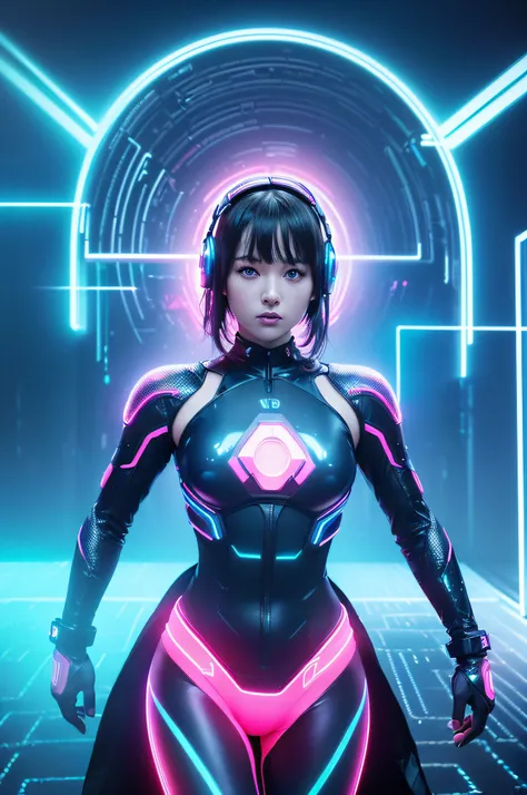 (masterpiece, best quality, highres, absurdres, ultra-detailed:1.3), 1girl, (tron, cyberspace, techno, cyberpunk, pink and cyan neon light rays, iridescent, holographic, hdr: 1.6), (prpdef1, cowboy shot:1.3),