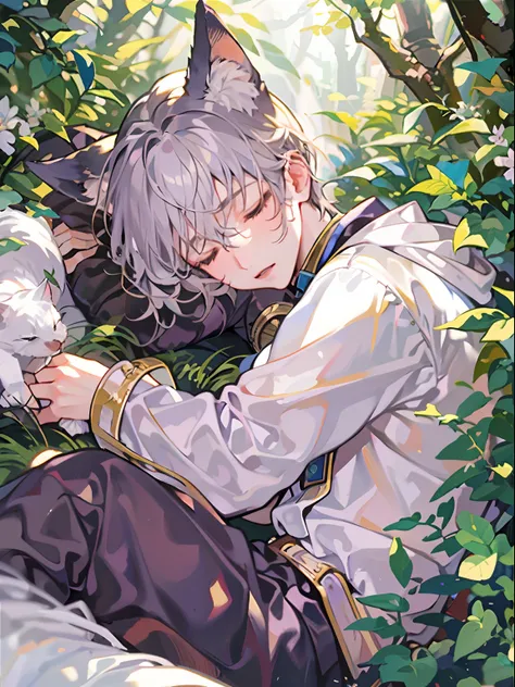 Sleeping Boy、Anime-style protagonist、Cats ears、silber hair、in woods、Sunlight、Natural lighting、​master piece,High quality,