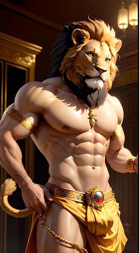 A fantasy image of a robust man with the face of a lion, (ferocious lions face:1.3), roaring, wearing gold ornaments, shirtless, wearing a yellow ornate dhoti, standing in a palace, long fingernails like talons, upper body, front view