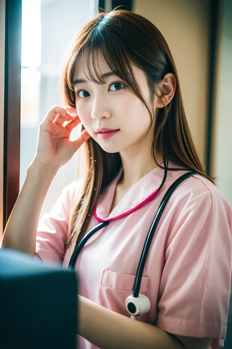 Japan nurse girl, Wearing a pink uniform, Name Shoko Nishinomiya, Posing in a photo, Show her professional skills with a stethoscope. Nurse Girl、Has a friendly and caring look. She has beautiful detailed eyes, Beautiful detailed lips, and long eyelashes. H...