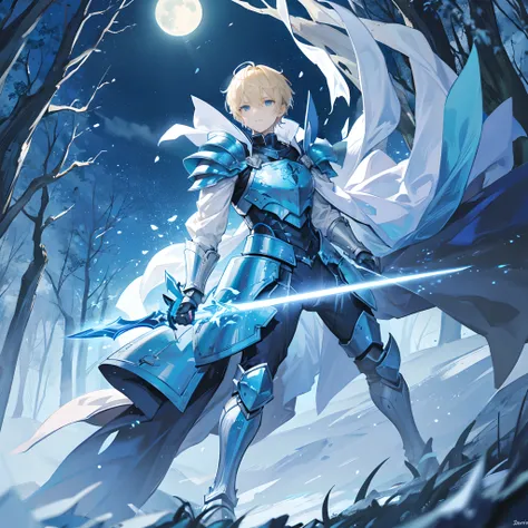 A man in short blonde hair, blue armour is striken by a magic blade sliced through the air, in the forest and the moon casting an eerie glow