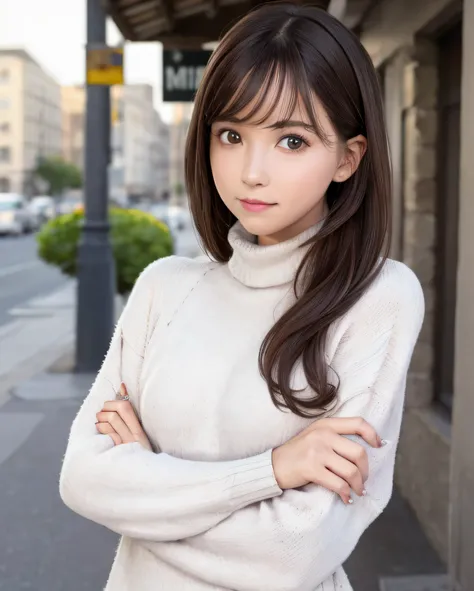 best quality, photorealistic, 8k, high res, 1girl, woman, (skindentation), (portrait:0.6), ((cityscapebackground:1.52)), full color, ((smallsize round breast, highneck sweater:1.5)), straight-looking at viewer:1.8, (1girl eyes looking at viewer:1.45, mediu...