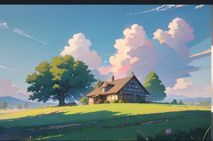 (((masterpiece))) (((high quality))) a psychedelic anime landscape of a little country house in some land and a green orchard or something scenery, no humans, outdoors, grass, house, tree, sky, cloud, day