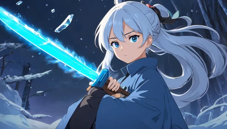 A young woman of 17 years with white hair with light blue and black details like ponytail, black eyes, a white apocalypse-style blouse with black coat, a long gray pants with a tired and angry look with a scar on his face, a relaxed posture holding a white...