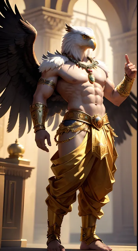 A fantasy image of a robust man with the face of an Eagle, (ferocious eagles face:1.3), wearing gold ornaments, shirtless, wearing a yellow ornate dhoti, with large wings attached to body, standing in a palace, long fingernails like talons, upper body, fro...