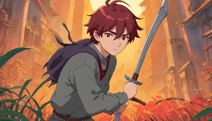 A young 17-year-old man with dark red hair, black eyes, a gray apocalypse-style long-sleeved blouse with a long gray pants with a tired and lazy look with a scar on his face, a relaxed posture holding a scythe;