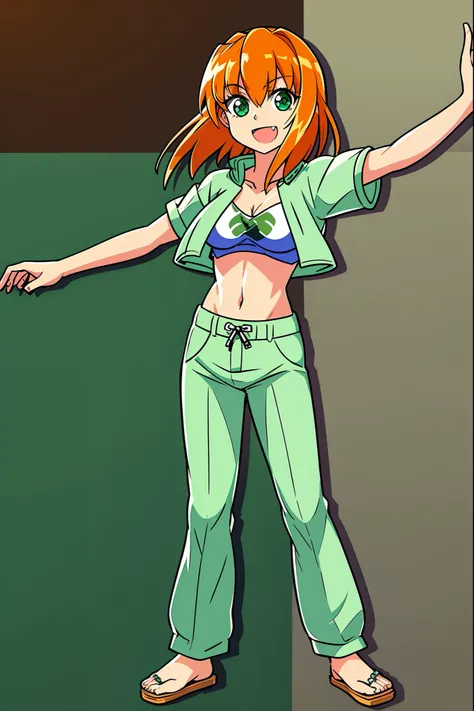 excel, orange hair, smile, fang, open mouth, green eyes,standing, medium breast, pants, pullover, , full body, flipflops