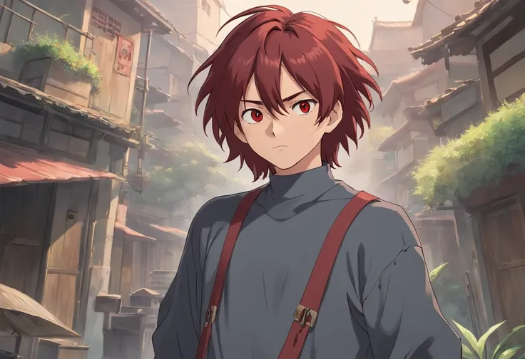 A young 17-year-old man with messy dark red hair, black eyes, an apocalypse-style gray long-sleeved blouse with a long gray pants, looking tired and lazy, with a scar on his face, a relaxed posture holding a light red scythe;