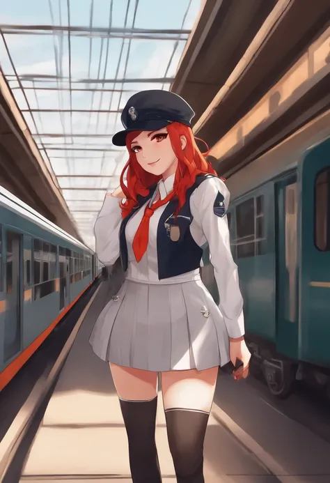 1girll, Solo, Red hair, Red eyes, double tails, employee uniform, pencil skirts, skull print, Navy cap, Orange sky,, Outdoors, Train station, Stand in front of the train,,