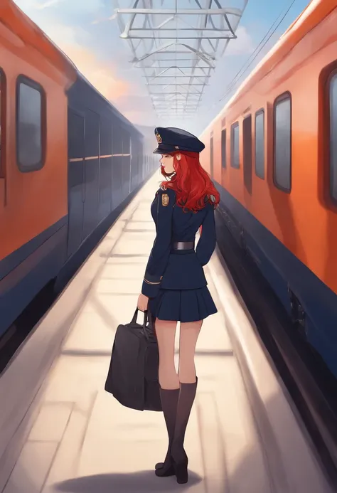 1girll, Solo, Red hair, Red eyes, double tails, employee uniform, pencil skirts, skull print, Navy cap, Orange sky,, Outdoors, Train station, Stand in front of the train,,