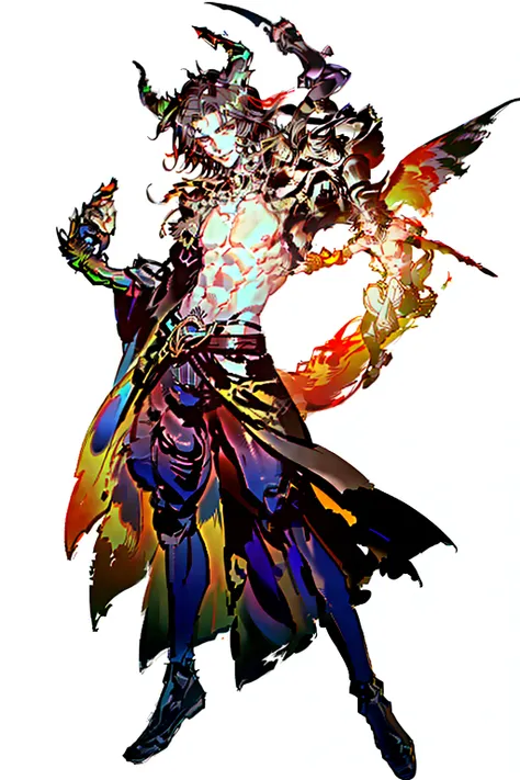 solo, 1boy, bishonen, boy, cute, dark skin, fluffy hair, slender, brown hair, shirtless, half body, undercut hair, smile, handsome, fantasy, small horns, white background, final fantasy logo, swirls, looking to the left, logo