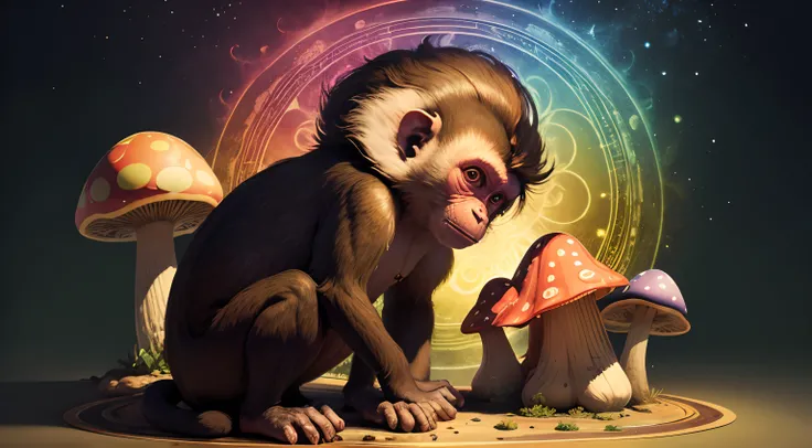 Monkey realising the mysteries of the universe, psychedelic mushroom, masterpiece, inspiring, leonardo davinci