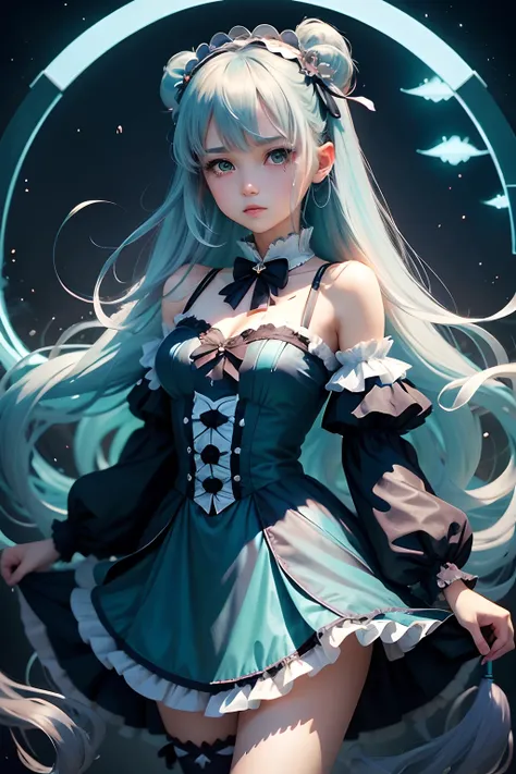 (cancer zodiac) there is a woman with grey glowing cyan hair on underwater with glowing cyan fish, in tears, wet hair, wet dress,  crying, girl in tearsspider arm attatched on back, anime girl cosplay, anime girl in real life, anime style mixed with fujifi...