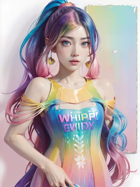 (SFW、masuter piece、Best Quality、masutepiece、top-quality、Top image quality、extremely beautiful lady)、(Pink fashion T-shirt:1.9)、(colourful hair:1.8)、(all the colours of the rainbow:1.8)、((((Vertical Painting:1.6)))、(Painterly:1.6)、frontage、comic strip、illus...