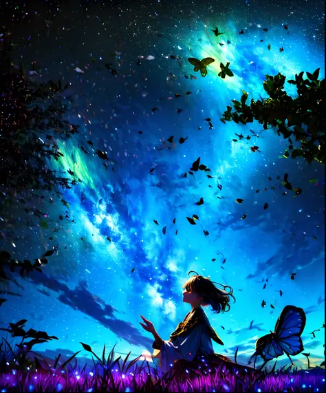 Cute girl characters、Describes a scene with grassy butterflies lying on the water flying around, Looking up at the starry sky. Surround her with colorful nebulae and her favorite constellations.