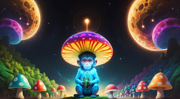 Monkey realising the mysteries of the universe, psychedelic mushroom, masterpiece, inspiring, einstein