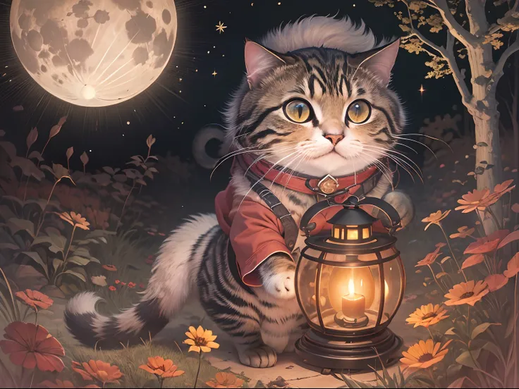 Mid-Autumn Full Moon, A round-eyed cat carrying a lantern, yard.