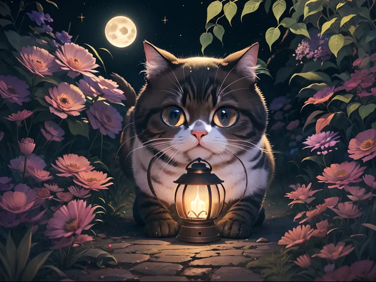 Mid-Autumn Full Moon, A round-eyed cat carrying a lantern, yard.