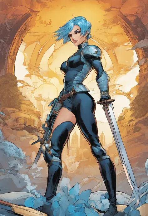 Battle Angel with light blue hair in a ponytail and golden eyes with swords in both hands