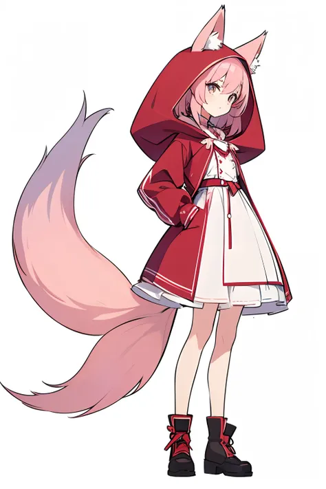 masterpiece, best quality,[(White background:1.4)::5],1mature girl,full body, loli, pink hair, pink fox tail, red riding hood, FULLBODY