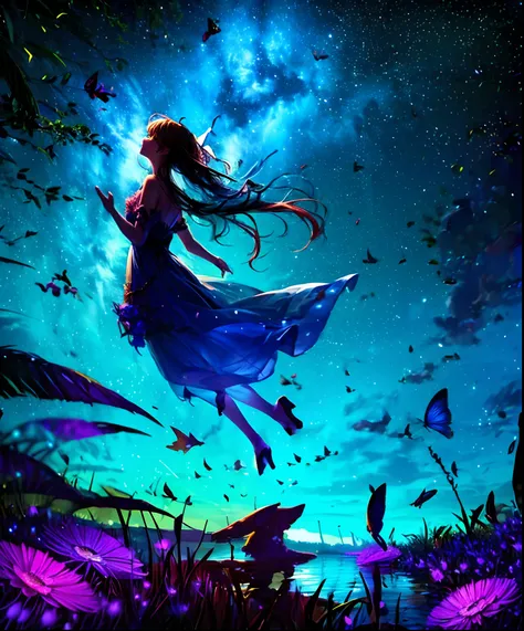 Cute girl characters、Describes a scene with grassy butterflies lying on the water flying around, Looking up at the starry sky. Surround her with colorful nebulae and her favorite constellations.