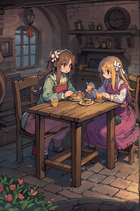 Rural, Medieval, inn, Indoors, humble, The table, a chair, Dinner Plate, quadratic, Pibix ,2girls