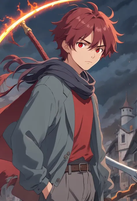 A young 17-year-old man with messy dark red hair black eyes a gray apocalypse-style long-sleeved blouse a scarf with a long gray pants look tired and lazy with a scar on his face a relaxed posture holding a large light red scythe