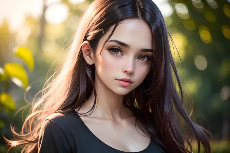 a girl,long brown hair,black t-shirt,(best quality,4k,8k,highres,masterpiece:1.2),ultra-detailed,(realistic,photorealistic,photo-realistic:1.37),vivid colors,sharp focus,professional,studio lighting,extremely detailed eyes and face,tall and slim girl,pink ...