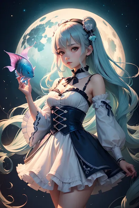 (cancer zodiac) there is a woman with grey glowing cyan hair on underwater with glowing cyan fish, Godest of the sea, spider arm attatched on back, anime girl cosplay, anime girl in real life, anime style mixed with fujifilm, portrait of magical lolita gir...