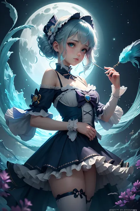 (cancer zodiac) there is a woman with grey glowing cyan hair on underwater with glowing cyan fish, Godest of the sea, spider arm attatched on back, anime girl cosplay, anime girl in real life, anime style mixed with fujifilm, portrait of magical lolita gir...