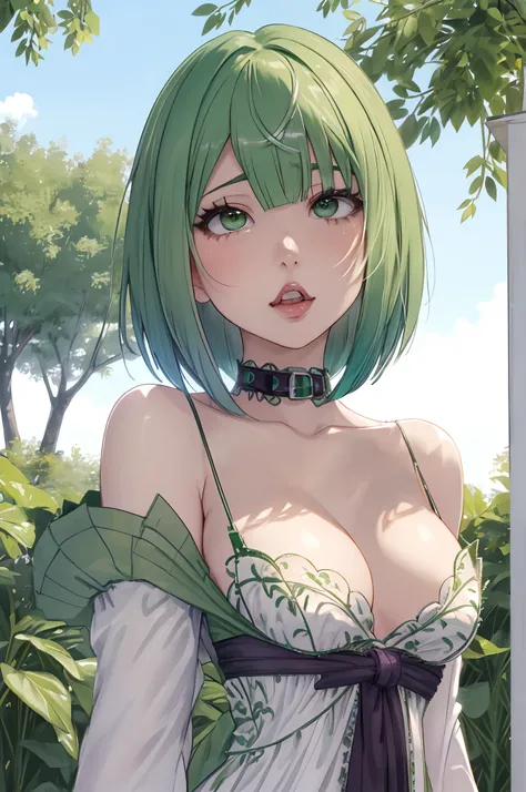 Green hair、Background white、Photorealsitic, hight resolution, 1 rapariga, Korea person, Heterochromia eyes, a purple eye、Blunt bangs、、1girl in, masutepiece,  Best Quality,  High quality, bob cuts、Ahegao、