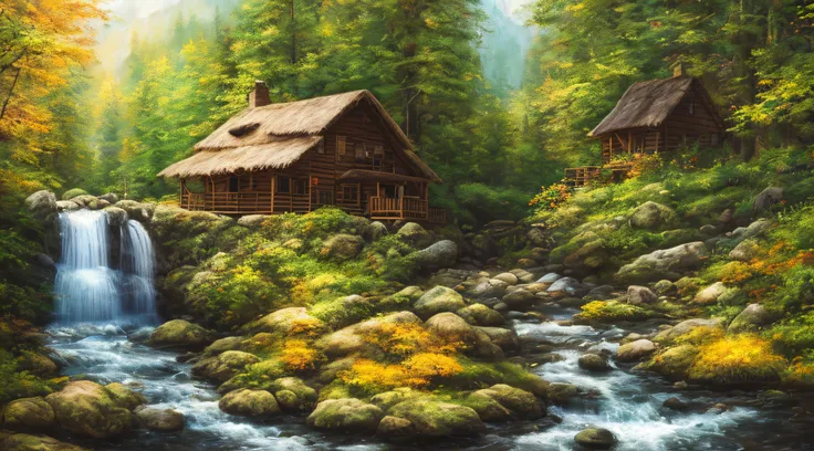 painting of a cabin in a mountain stream with a waterfall, 4 k oil painting, beautiful oil matte painting, oil painting 4 k, oil...